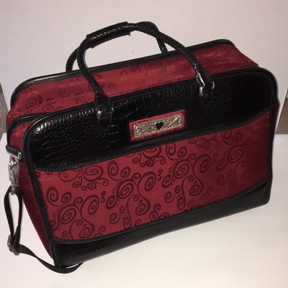 Brighton Handbags - Vintage Brighton Red Fabric & Black Leather Weekender Bag
